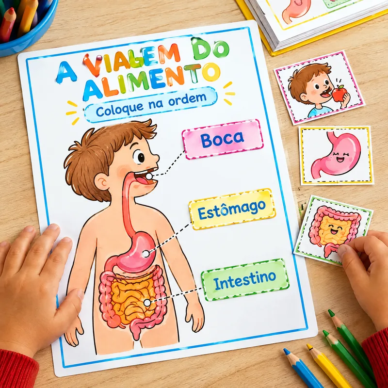 Atividade infantil sobre o sistema digestivo em português